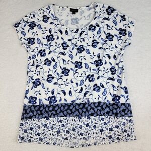 J Jill Wearever‎ Top Womens Small White Blue Floral Blouse Stretch Pullover